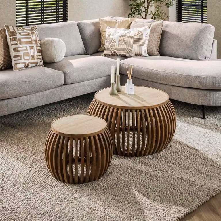 WoonStijl Salontafel set van 2 Nuovo curve, Travertin beige en bruin, Rond, Keramiek en Hout