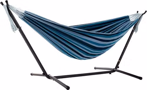 Vivere Dubbele Katoenen Hangmat met Standaard - Blue Lagoon - 250 cm