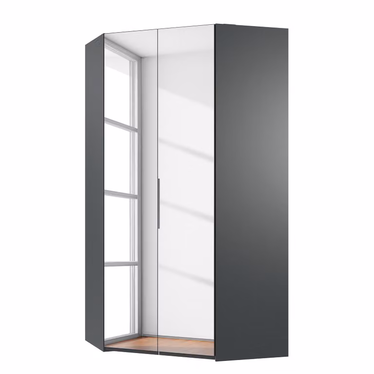 home24 Level36 Moderne Hoekkast met LED-verlichting en Spiegeldeur, Grijs/Chroom, Hoogte: 236 cm