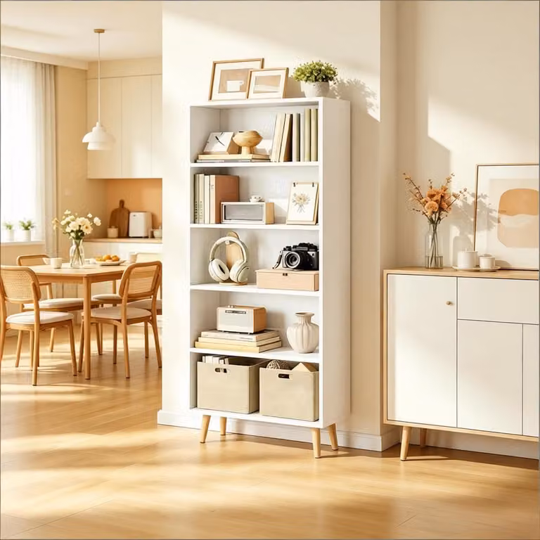 FloraGrace Boekenkast – Wit – Open 5-Vaks Opbergrek van Melamine en Massief Hout – B/D/H: 60 x 24 x 144 cm