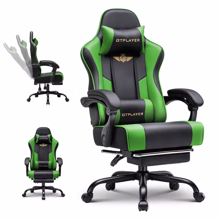 GTPLAYER Gaming Stoel - Ergonomische Gamer Stoel met Voetsteun, Hoofdsteun en Lendensteun - Groen