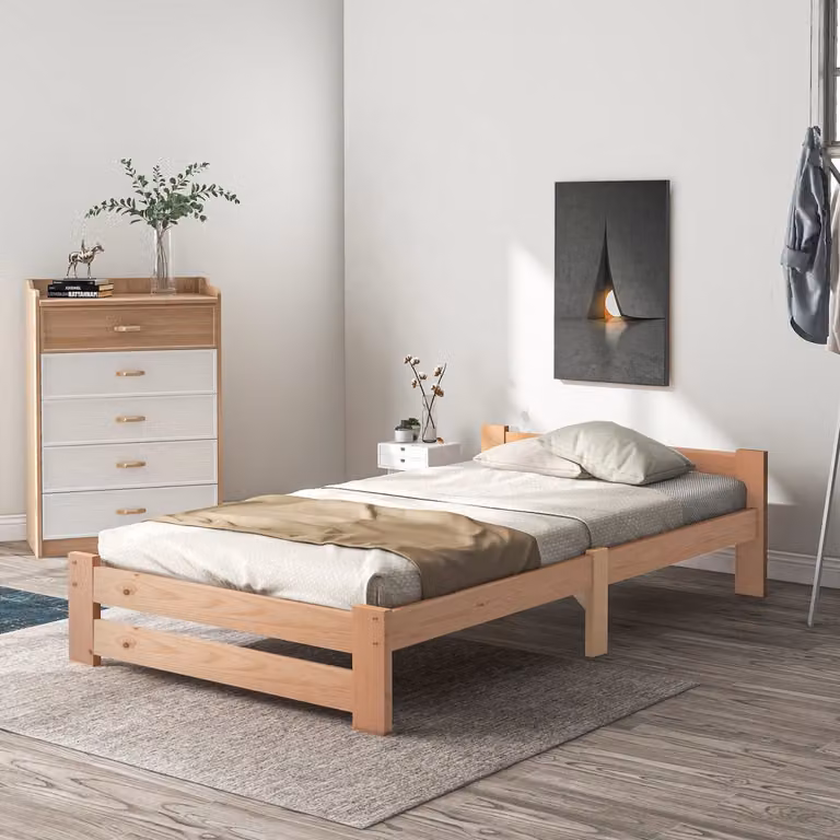 Wishdor Massief Houten Futonbed met Hoofdbord en Lattenbodem, Naturel Grenen, 90 x 200 cm