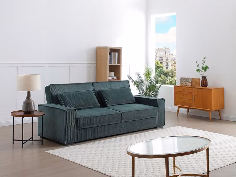 FINORO Driezitsslaapbank van spargroen ribfluweel met slaapfunctie en decoratieve kussens