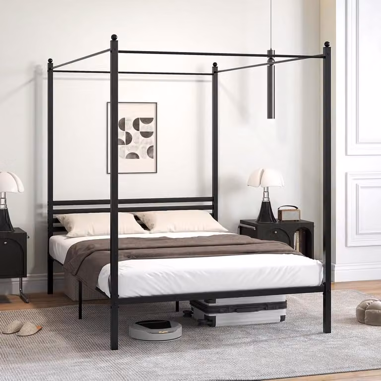 Zwart metalen hemelbed frame voor volwassenen met opbergruimte, 140 x 200 cm