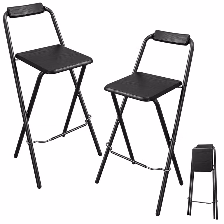 Set van 2 Spetebo opklapbare barkrukken, zwart, met houten zitvlak en veiligheidsvergrendeling