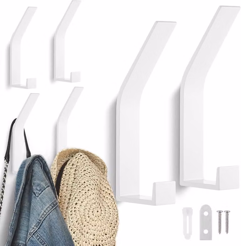 Set van 6 moderne wandkapstokken voor kleding en jassen, wit