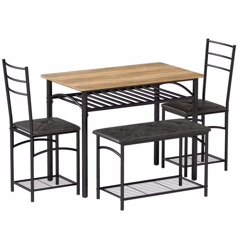 HOMCOM 4-delige eethoekset met industriële keukentafel, 2 stoelen en bank, bruin PU-leer