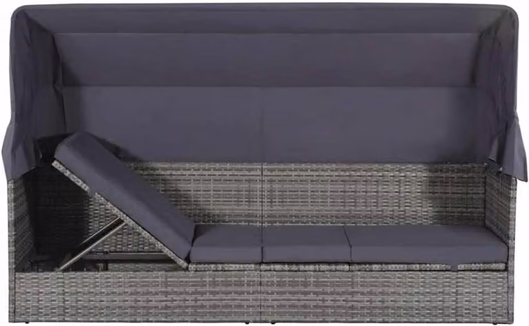 Tuinbed met luifel en schuifdak, grijs, B: 205 cm, D: 62 cm, verstelbaar ligvlak van waterdicht PE-rotan, inclusief dik gevoerd zitkussen met afneembare hoes