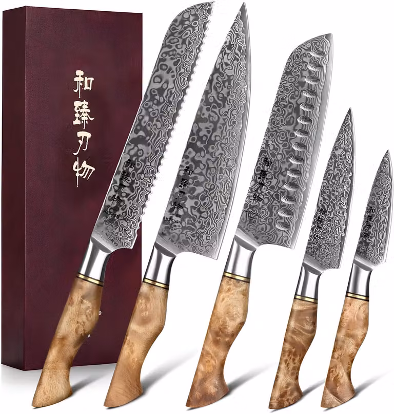 HEZHEN Santoku Keukenmessen set van 5 stuks met 67 lagen Damascus staal