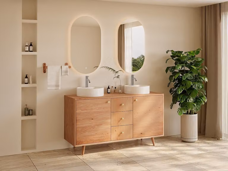 ZARENO Badkamermeubel van massief eikenhout in licht naturel met deuren en laden, 145 cm