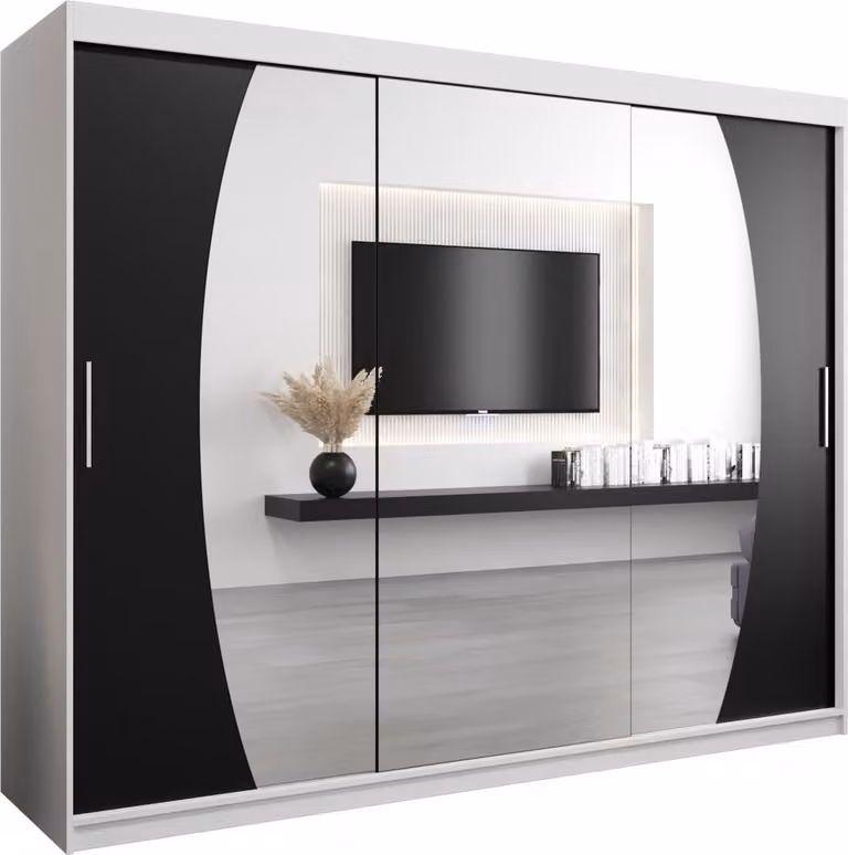 InspireMe GLOBE 250 Kledingkast met 3 schuifdeuren en spiegel, Wit Mat + Zwart, B/D/H: 250 x 62 x 200 cm
