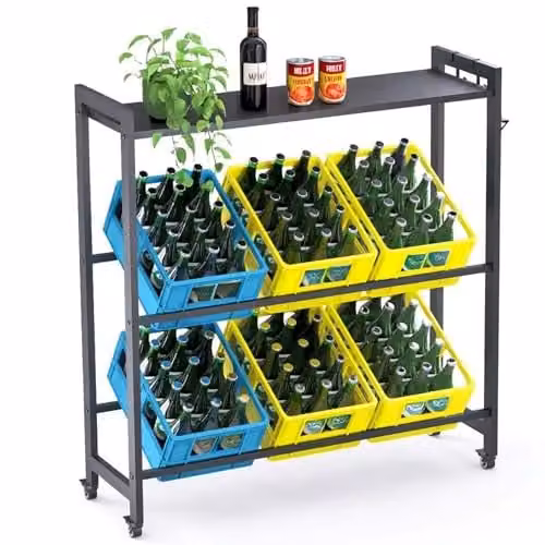 DanDiBo 96653 Drankrek voor 6 kratten met opbergvakken, wielen en haken, zwart metaal