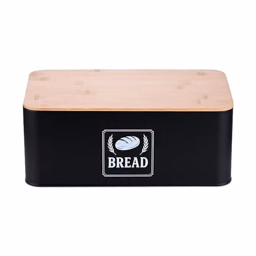 Relaxdays Brooddoos aanrecht zwart van metaal met bamboe deksel, B/D/H: 33 x 19 x 13,5 cm