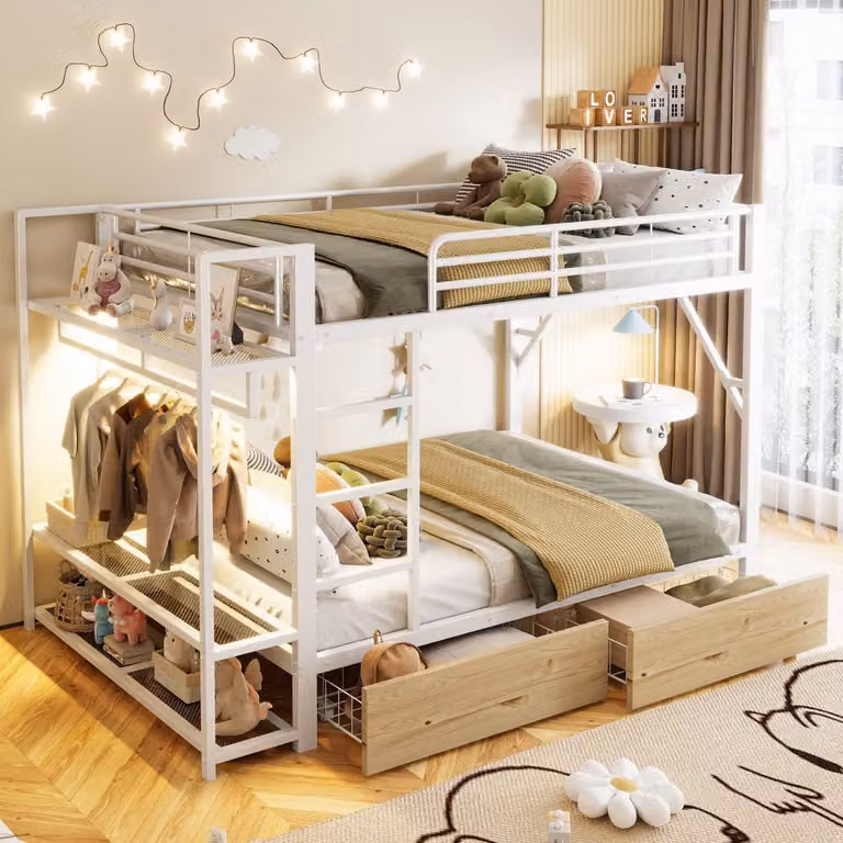 Sweiko Stapelbed met metalen frame, 2 lades, LED-verlichting en kledingstang, Wit, B/D: 140 x 200 cm