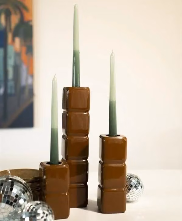 Set van 3 moderne keramische kandelaren Cube door By Boo in mosterdgeel en bruin