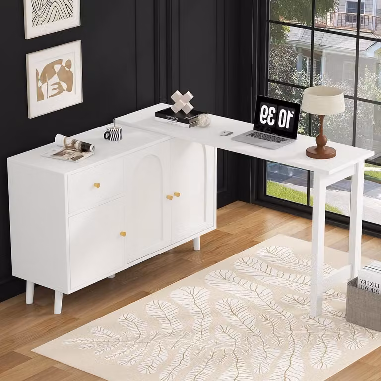 Modern Bureau en Dressoir met 360 graden draaibare werkruimte, 3 deuren en 1 lade, Wit