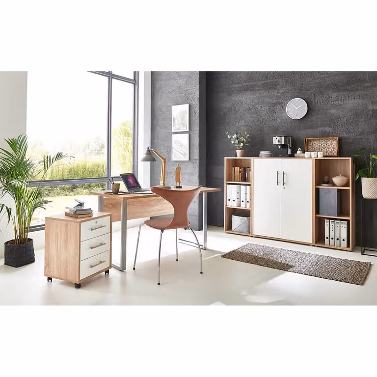 home24 Bureauset V 5-delig in beige, wit en Sonoma eikenhouten look