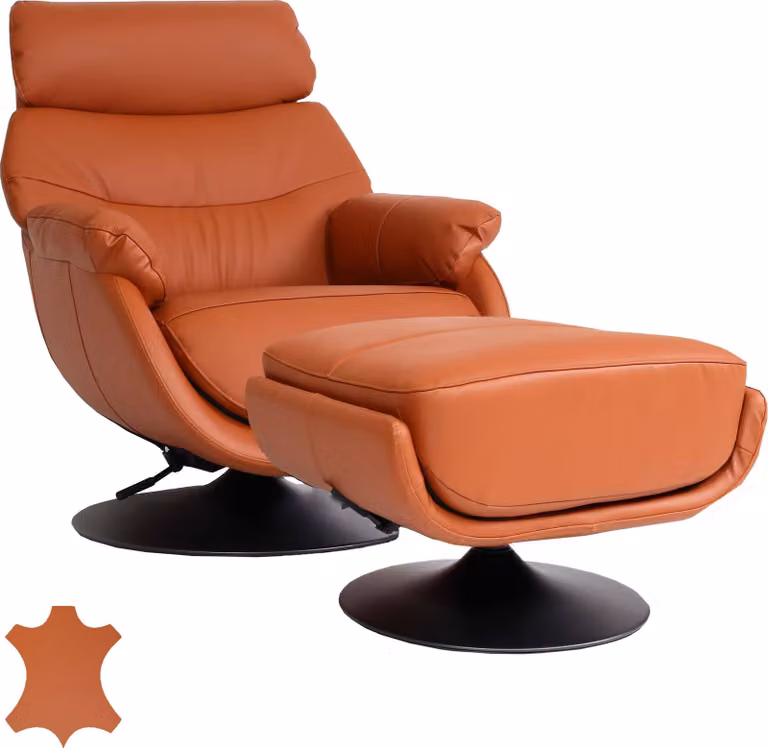 Mendler Relaxfauteuil met voetenbank HWC-K99, draaibaar en verstelbare rugleuning, echt leer/kunstleer, bruin