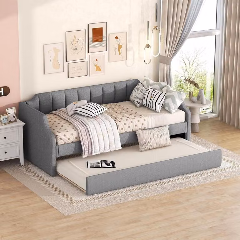 Gestoffeerd uitschuifbaar logeerbed met rolbed in grijs, 90 x 200 cm