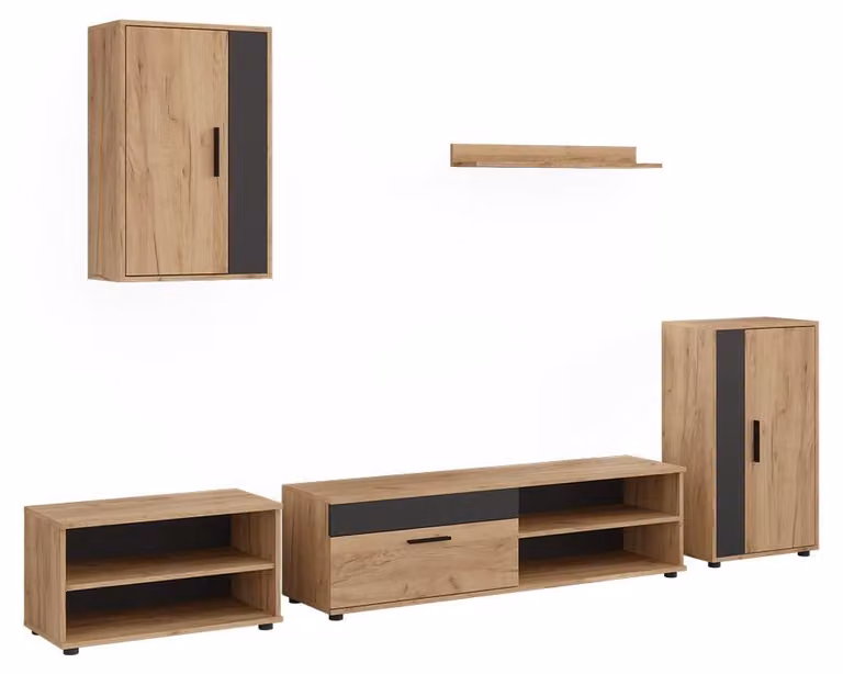 Vicco Berno Woonwand Set van 5 stuks, Goudkleurig Eiken en Antraciet, Model 59203