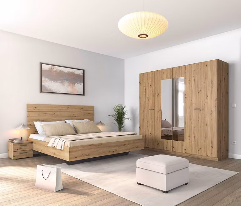 home24 Slaapkamerset met bed in bruin Artisan eikenhouten look, Breedte: 160 cm, Lengte: 226 cm