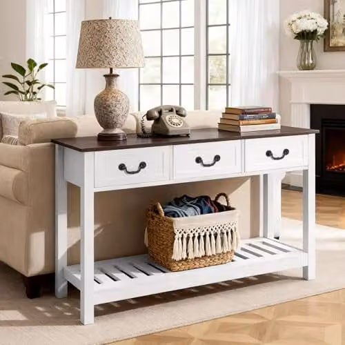 VEVOR Consoletafel met lades en opbergvak, smalle rechthoekige entreetafel van MDF en spaanplaat voor hal, slaapkamer of woonkamer, Bruin + Wit, B/D/H: 120 x 30 x 80 cm