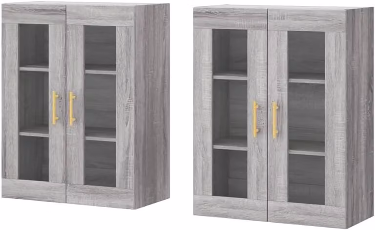 Wandkasten set met glazen deuren in Grijs Sonoma voor in de woonkamer, breedte: 695 cm