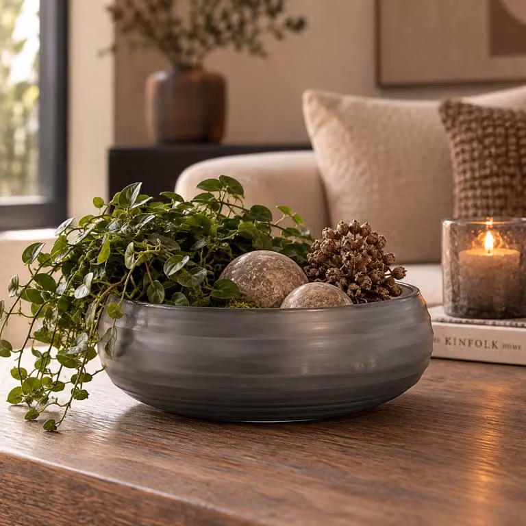 Nadah ronde schaal met geribbeld mat glas in grijs, B: 30 cm, D: 30 cm, H: 10 cm