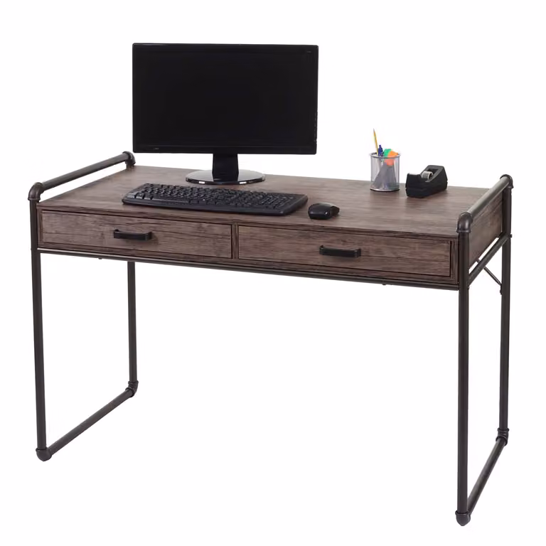Mendler Kantoorbureau HWC-F58 Computerbureau Industrieel Design Bruin Eikenhout B/D/H: 120 x 75 x 60 cm