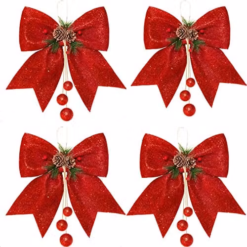 Set van 4 rode kerstboogdecoraties met glitter, pailletten, dennenappels en rode bessen