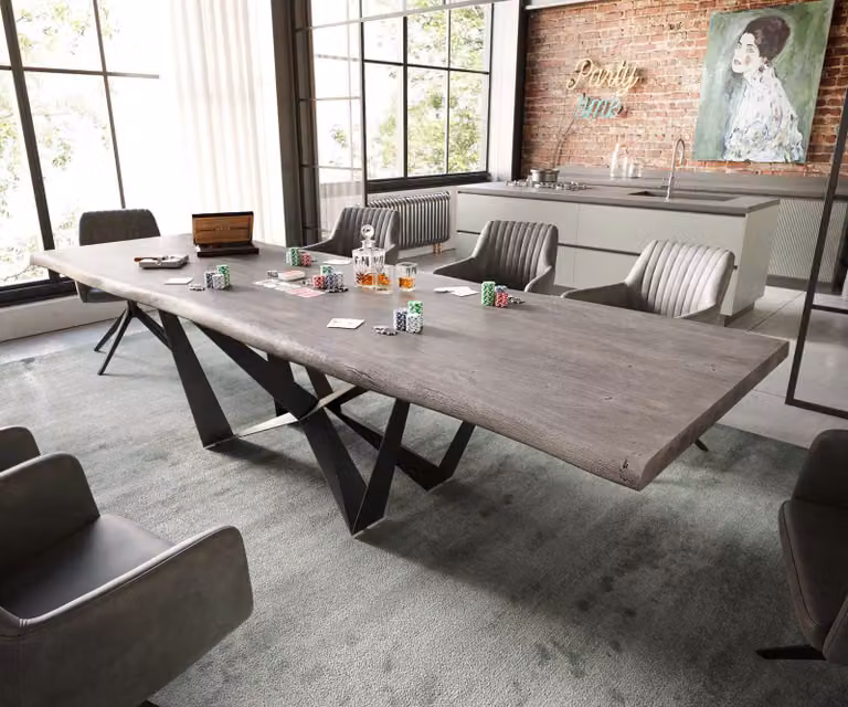 DELIFE Eettafel Edge Acacia Platina met Live-Edge en Spider Staal Onderstel, Zwart/Grijs/Zilver, B/D/H: 300 x 100 x 75,5 cm