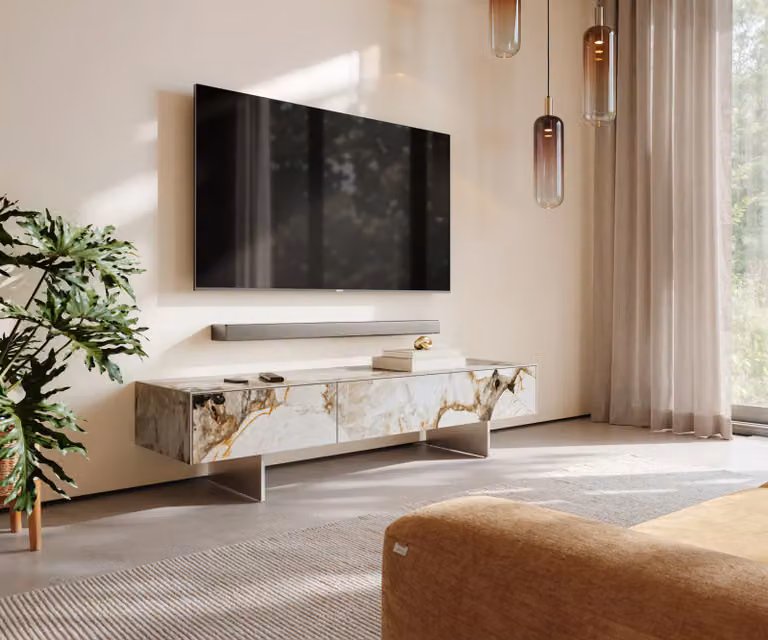 Tv-meubel Cuor 150 cm met Keramiek Patagonia gepolijst, 1 flap en 1 lade met zwevende voet look en roestvrij staal