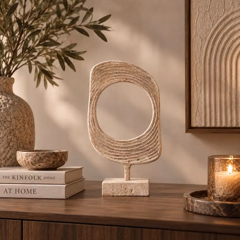 PTMD Ornament Monah Beige abstract decoratie van gegoten aluminium op een travertin voet