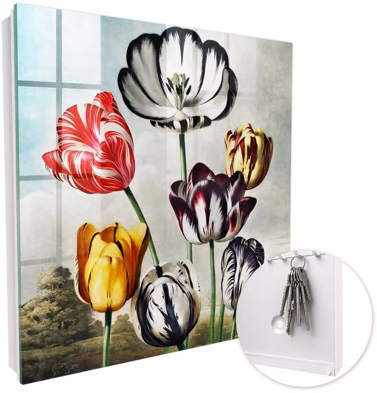 Coloray Sleutelbox met 50 haken en glazen deurtjes - Retro Tulpen - Rood - B/D/H: 30 x 30 x 5 cm