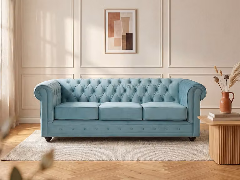 Vente-unique Driezitsbank Chesterfield in blauw velours met afneembare hoezen