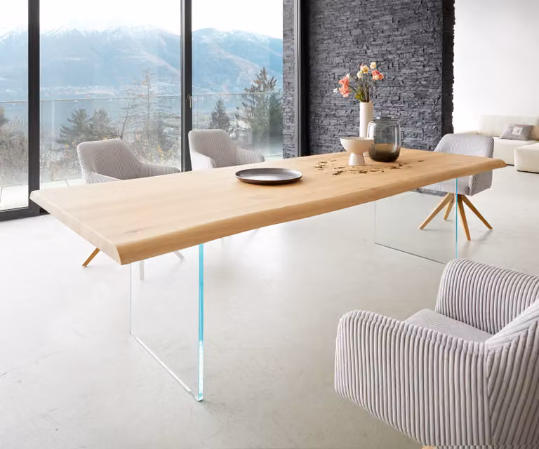 DELIFE Eettafel Edge Live-Edge met Eiken en Glas, Bruin/Transparant, B: 260 cm, D: 100 cm, H: 76 cm