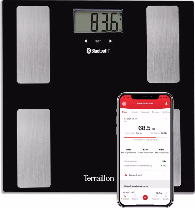 Terraillon Personenweegschaal met Smart Connect en BMI-berekening, 8 gebruikersprofielen, Bluetooth Low Energy, Capaciteit 160 kg, Zwart