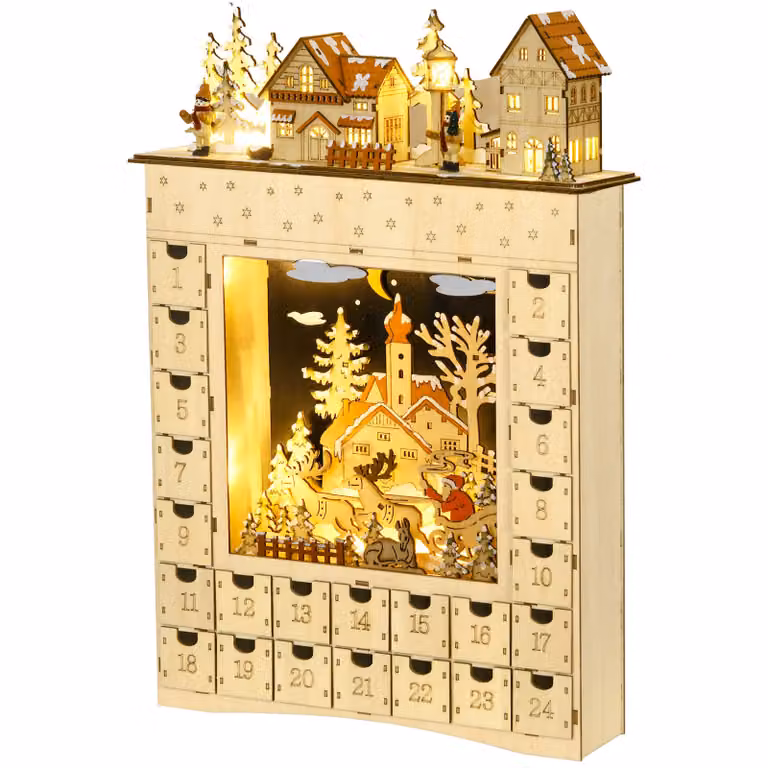HOMCOM Adventskalender met 24 lades en LED-lichtjes van natuurhout, B/D/H: 36 x 9 x 52 cm
