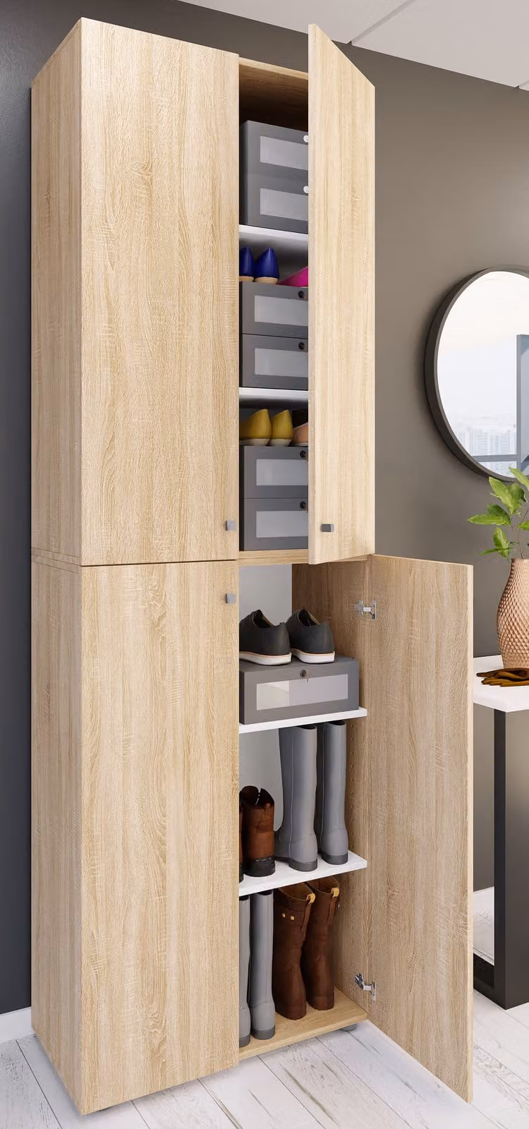 home24 Schoenenkast met 4 deuren, Sonoma eikenhouten look, Bruin, H 220 x B 70 x D 39 cm