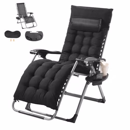VEVOR Zero Gravity Lounge Stoel voor binnen en buiten, verstelbare anti-zwaartekracht ligstoel met kussen, hoofdsteun, voetsteun en bekerhouder, zwart of grijs