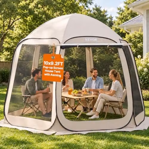 VEVOR Opklapbare Campingtent met Uitschuifbaar Luifel en Zijwanden, Beige, B/D/H: 304,8 x 280,4 x 230 cm
