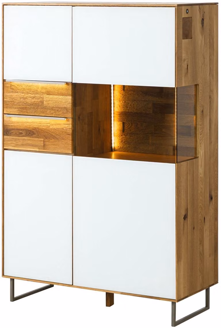 Massivmoebel24.de Highboard Wien van massief eikenhout en glas, natuur geolied en wit, B: 94 cm, D: 43 cm, H: 144 cm