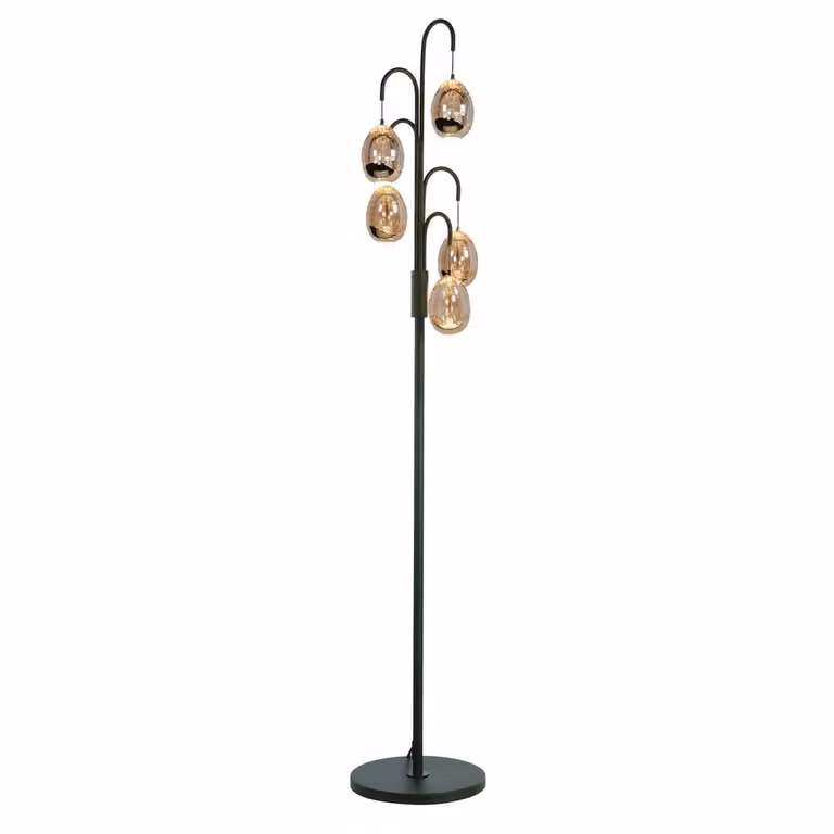 Highlight Golden Egg Vloerlamp 5-lichts zwart en goud/messing met amber glas, Hoogte: 166 cm