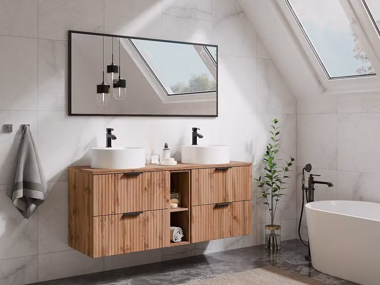 ZEVARA Geribbeld hangmeubel voor badkamer met nissen en dubbele ronde opbouwwastafels in licht naturel en beige/bruin, Breedte: 140 cm