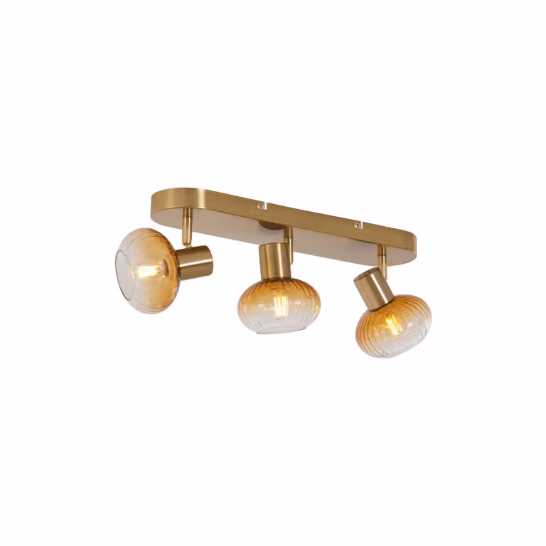 Qazqa Plafondspot 3-lichts goud/messing met amber glas en verstelbare lampen