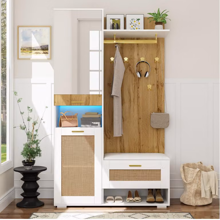 Garderobeset met spiegel en zitbank, wit en naturel van GL Store