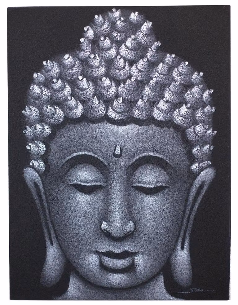Ancient Wisdom Boeddhabord canvas schilderij in grijs en zandkleur