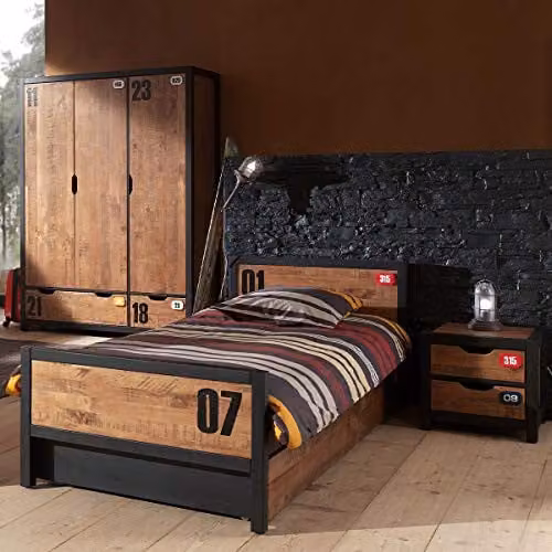 ALEX slaapkamerset met bed, nachtkastje, ladeblok en kast met 3 deuren in zwart en hout, B/D/H: 90 x 200 cm