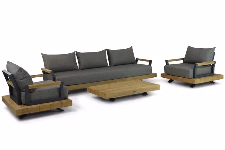 Santika Furniture Santika Supreme Supralux 4-delige loungeset met 130 cm bank, fauteuil en grijs met teak en aluminium