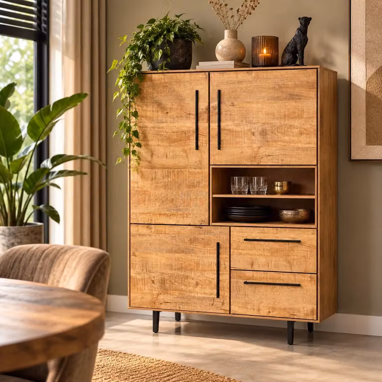WoonMax Rafael barkast met 3 deuren en 2 lades, Mango, Bruin, B: 120 cm, D: 45 cm, H: 120 cm